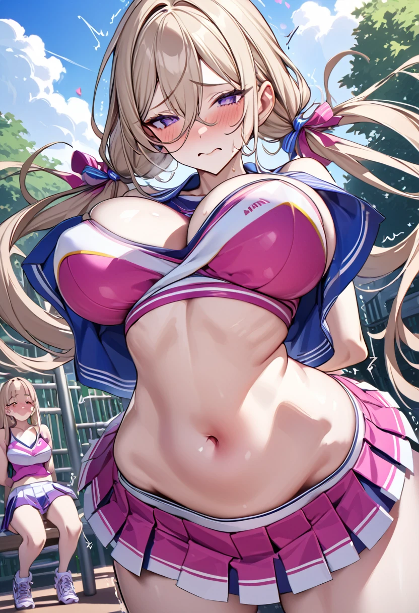 最high quality, 8k, High resolution, high quality, masterpiece, beautiful, (Anatomically correct:1.2), 10th Generation, A beautiful woman, Silky pale blonde, Twin tail hair, Light purple eyes, Beautiful Skin, Attractive person, student, Soft looking super breasts, Short stature and glamorous figure, Cheerleader, playground, embarrassed, from below, girl trembling with sexual climax, Hands behind back, Squat, Put a used condom on your hip,