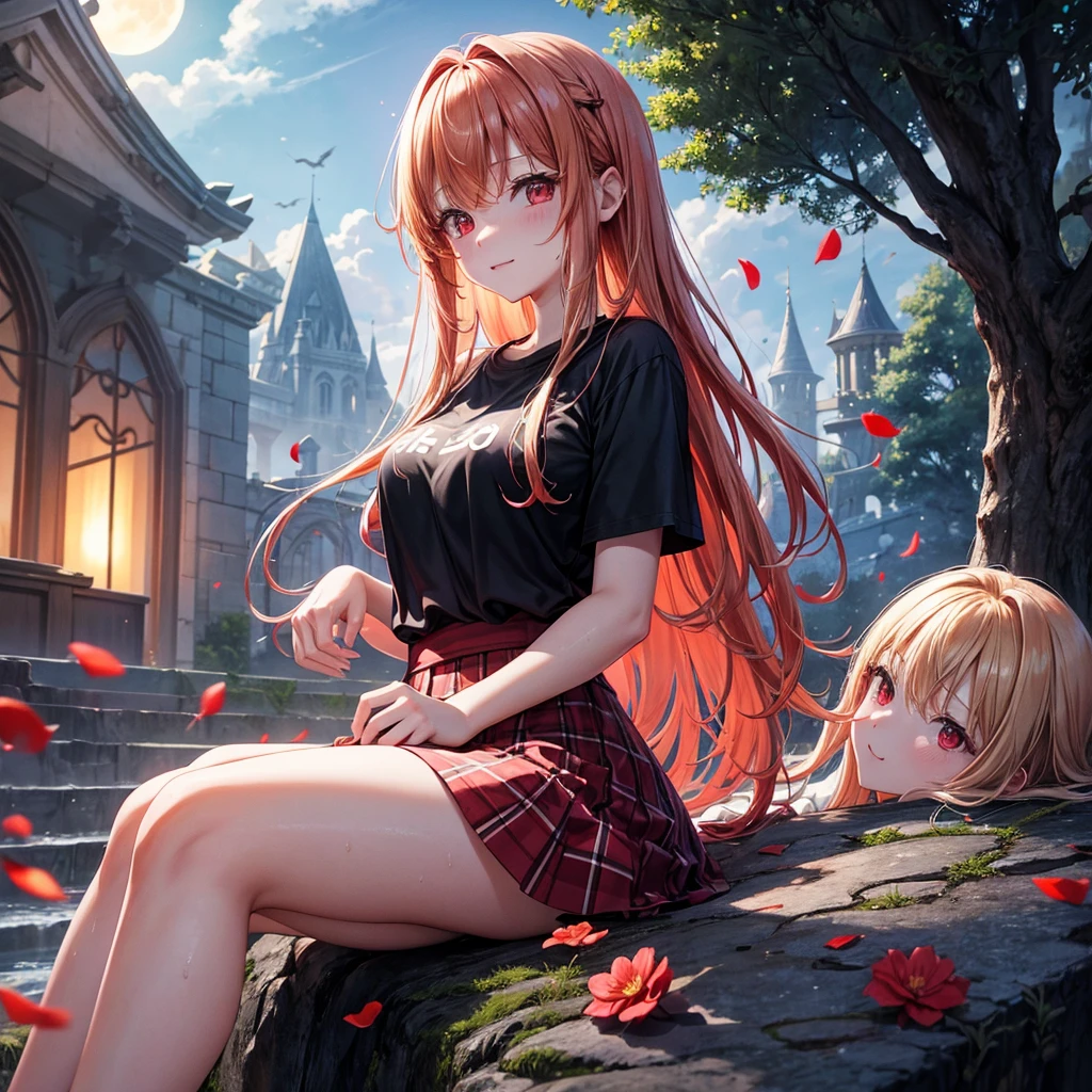 Red-blonde、Red eyes、One cute girl、solo、And soul、Light clothing、Checked mini skirt、petal、Wet hair、Sit on、black t-shirts、large tree、cloud、full moon、monster castle、lanthanum、Hell&#39;s Gate、Craft Gatekeeper、barefoot