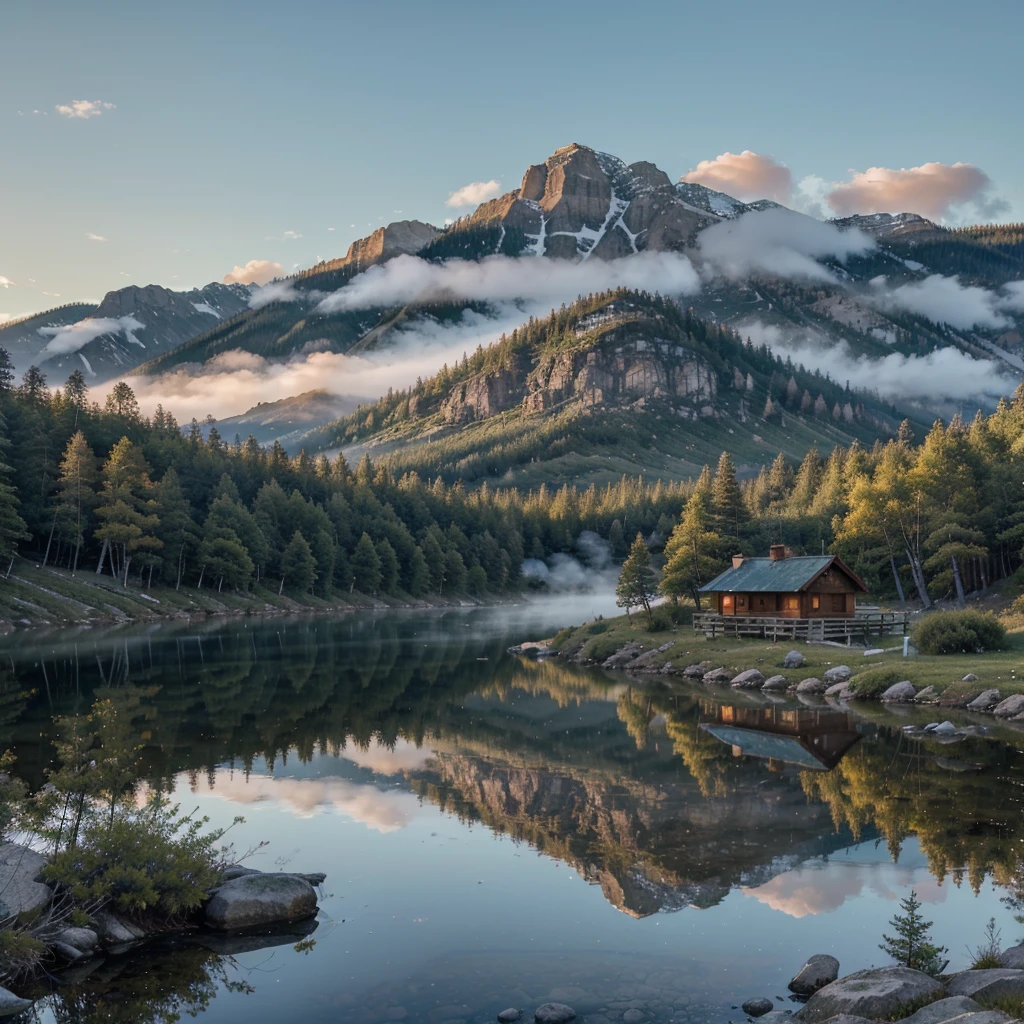 A serene mountain landscape at sunrise, with mist rising from the valleys, a crystal-clear lake reflecting the colorful sky, and a small cabin with smoke gently drifting from its chimney, surrounded by tall pine trees.