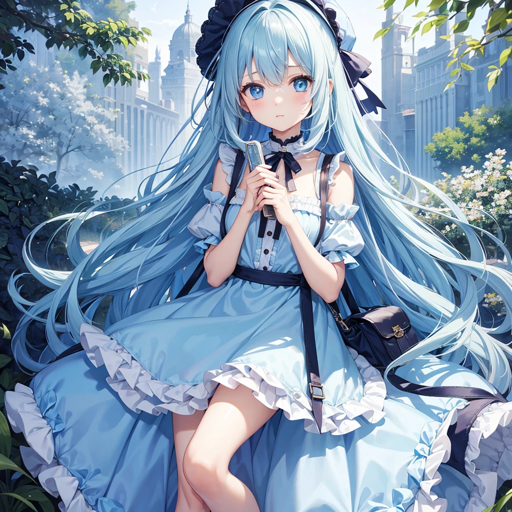 Girl with long light blue hair、Patchwork dress、Small and cute girl、Holding a big bag、Deep blue eyes、Full-body portrait、Staring at me with cold eyes