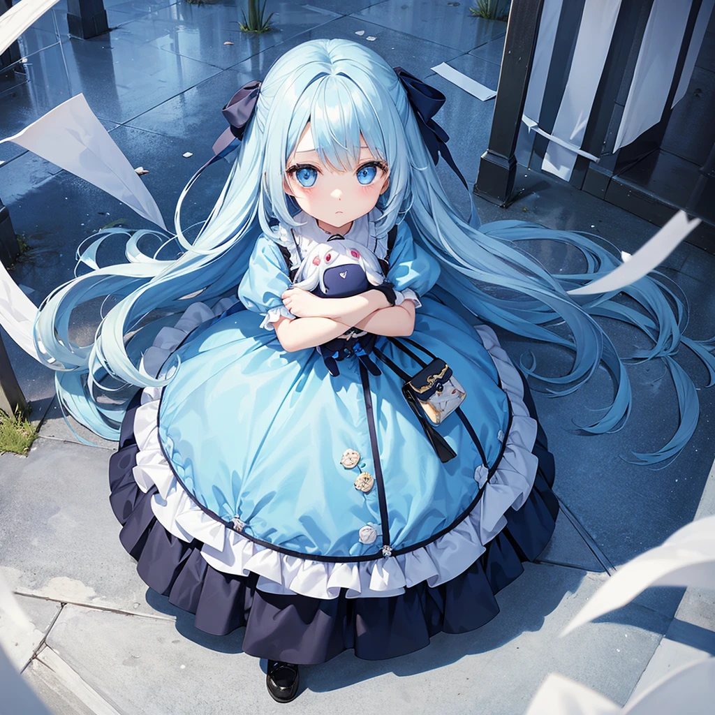 Girl with long light blue hair、Patchwork dress、Small and cute girl、Holding a big bag、Deep blue eyes、Full-body portrait、Staring at me with cold eyes