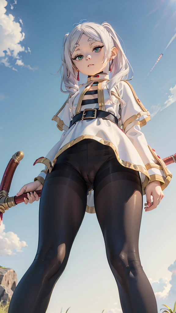 1girl, (angry), white hair, ((hourglass figure)), ((black tights)), (black pantyhose), (from below), looking at viewer, ((thick thighs)), ((pussy)), (nipples)