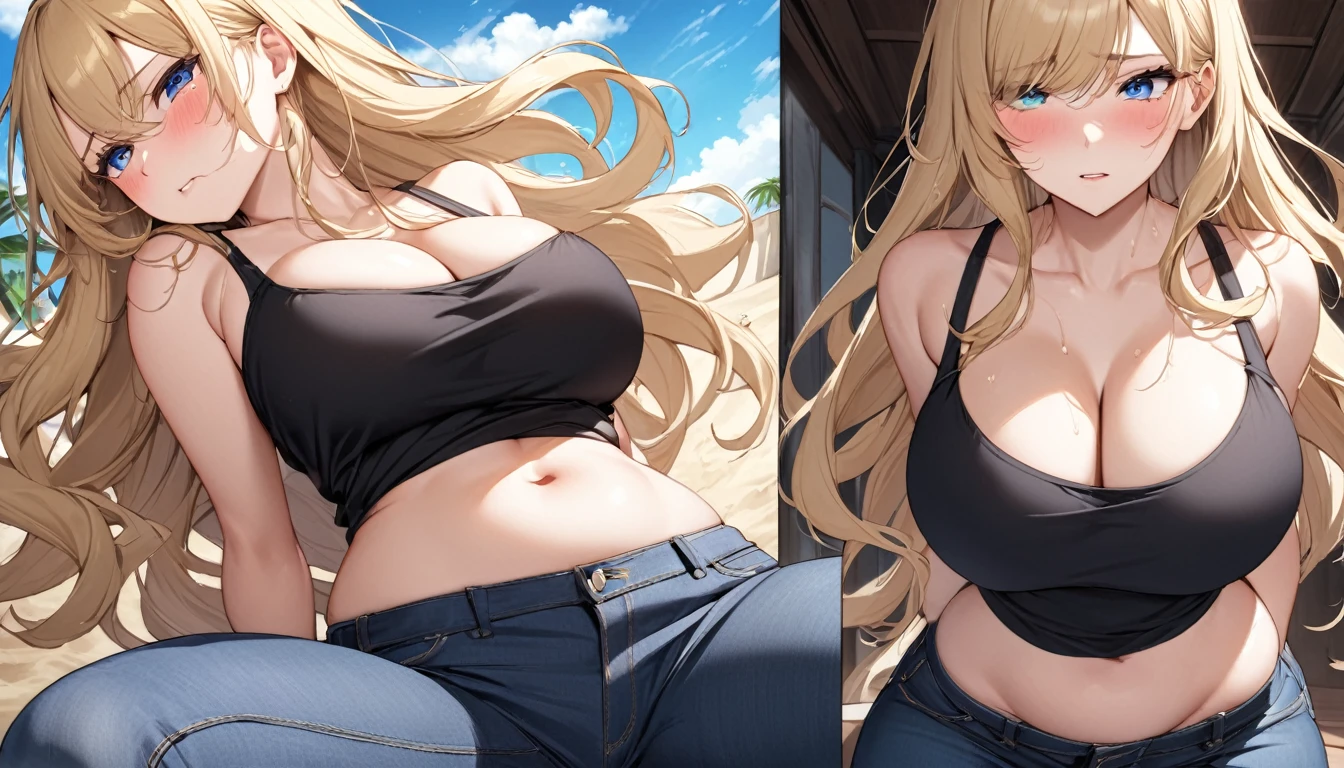 rape,Cowgirl Sex,Penetration Sex,Creampie Sex ,With silky blonde medium-long hair、Eye color is blue、I was wearing a black tank top and skinny jeans, just like in the tropics.、The pure white, voluptuous cleavage of a beautiful white woman is revealed.,