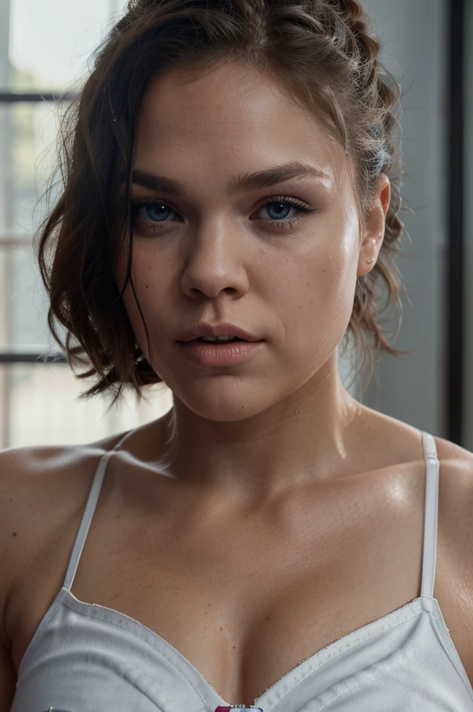 ronda rousey, white bra, blue jeans, beautiful detailed eyes, beautiful detailed lips, extremely detailed face, long eyelashes, photorealistic, 8k, professional photography, high quality, natural lighting, cinematic, dramatic lighting, warm color tones