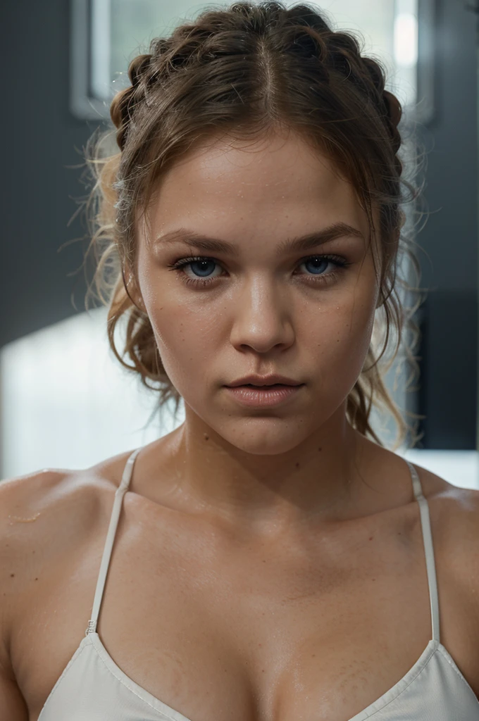 Ronda Rousey with large breasts, hairy vagina, wet body, realistic, photorealistic, ultra-detailed, 8k, hyper-realistic, high quality, professional photography, masterpiece, detailed face, beautiful eyes, long eyelashes, detailed lips, detailed skin texture, dramatic lighting, cinematic composition, moody colors, chiaroscuro