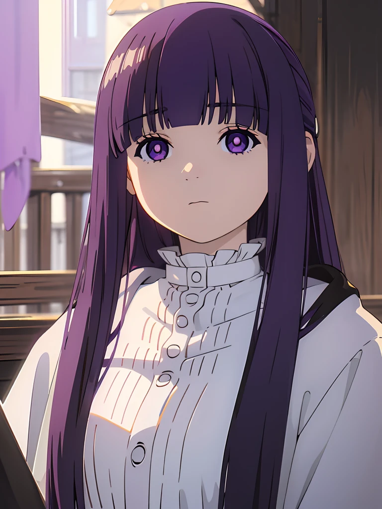 ((masterpiece)),(best quality),official art,extremely delicate and beautiful,extremely detailed CG,unity 8k wallpaper,ultra detailed,beautiful detailed eyes,extremely detailed face,outdoors,1girl,solo,upper body,(portrait:1.5),looking at viewer,facing viewer,expressionless,long hair,purple hair,straight hair,half updo,hime cut,sidelocks,blunt bangs,purple eyes,bright pupils,white pupils,hooded robe,hood down,black robe,white shirt,frills,buttons,long sleeves,medium breasts,long skirt,white skirt,black boots,