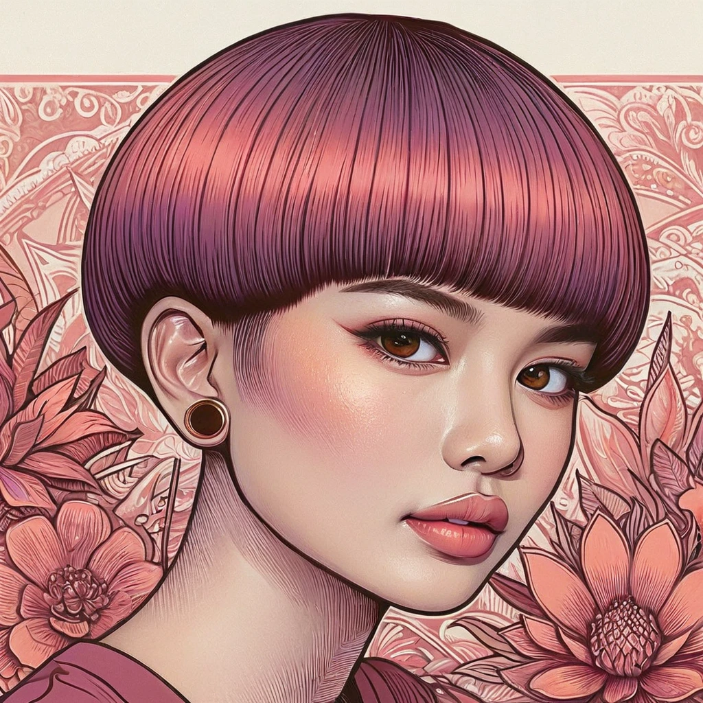 masterpiece, realistic, highly detailed, beautiful, a cute young indonesian woman, sleek straight hair, short bowcut haircut with undercut, purpled salmon haircolor, light makeup, brown eyes. detailed on the face and eye. elegant pose. charming and calming look. smiling slightly. blurred intricate abstract background.