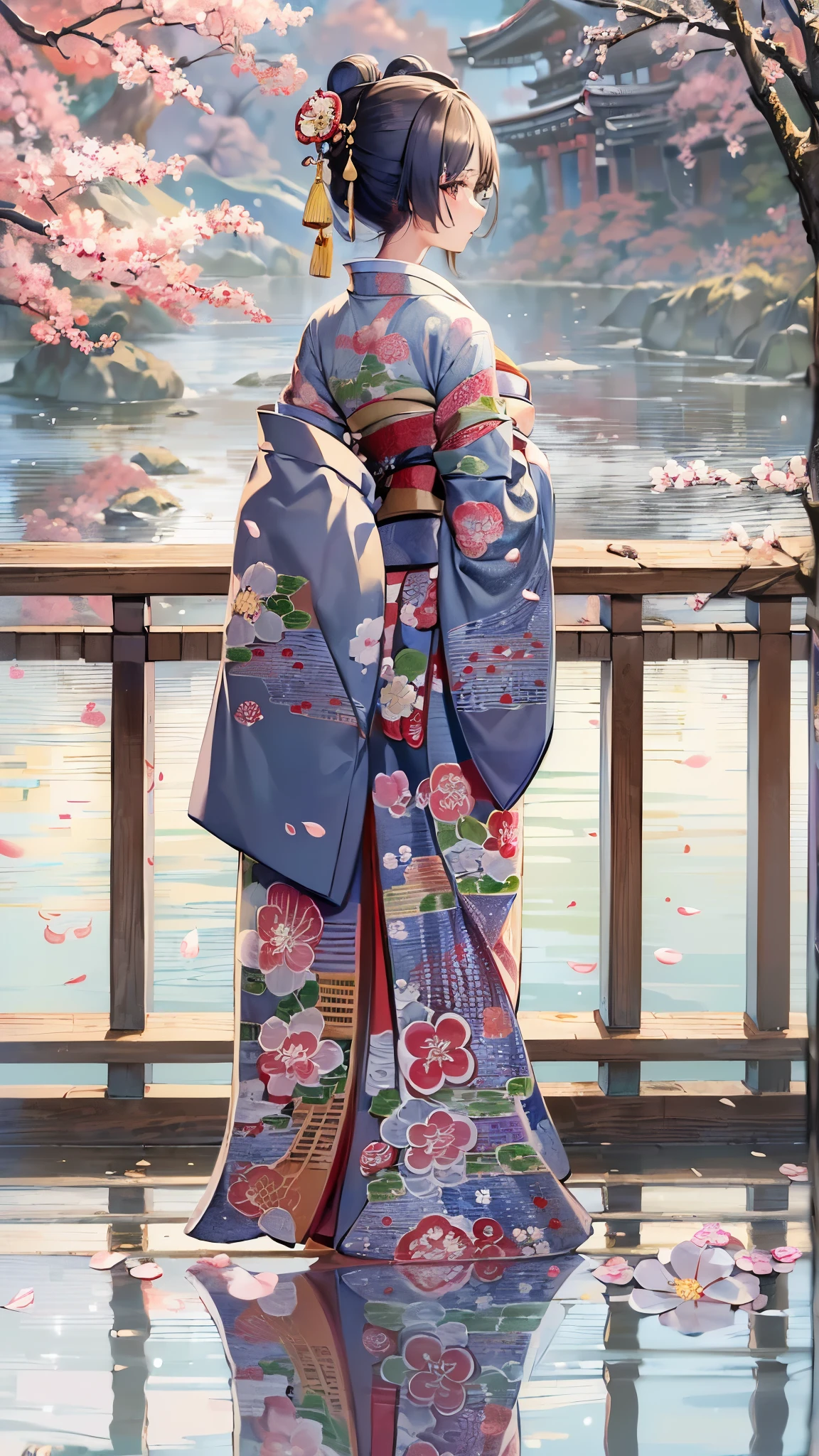 ((Highest quality)),(Ultra-high resolution),(Super detailed),(Detailed Description),((The best CG)),(masterpiece),Highly detailed art,(Art with precise detail:1.5), (Japanese painting:1.5), (A woman wearing a kimono standing on a bridge:1.5),(Japanese clothes in calm colors:1.4), A refreshing breeze blowing through:1.5