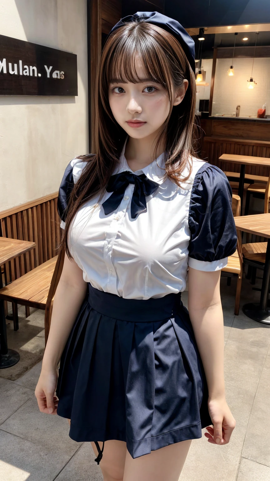 masterpiece, best quality, illustration, Super detailed, fine details, High resolution, 8K,wall paper, perfect dynamic composition,(Details High quality, realistic depiction of eyes:1.3), waitress uniform, restaurant, huge breasts, short bob hair、black hair color, Big Natural Color Lip, (perfect body shape), crying a little、Harajuku style、20 year old girl、cute type、lolita、beautiful legs, focus on crotch, full body photo, gravure idol