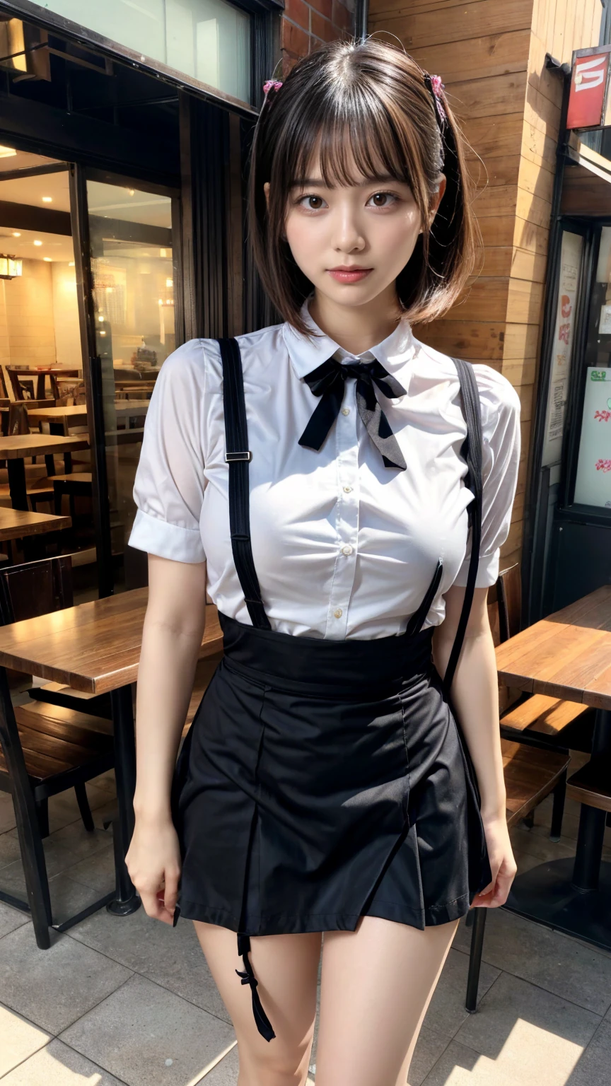 masterpiece, best quality, illustration, Super detailed, fine details, High resolution, 8K,wall paper, perfect dynamic composition,(Details High quality, realistic depiction of eyes:1.3), waitress uniform, restaurant, huge breasts, short bob hair、black hair color, Big Natural Color Lip, (perfect body shape), crying a little、Harajuku style、20 year old girl、cute type、ta、beautiful legs, focus on crotch, full body photo, gravure idol