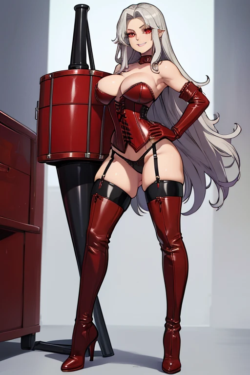 female, silver long hair, red eyes, (((1girl))), (((red leather corset))), (black fingerless opera gloves), (black thigh high heeled boots), (black leather panties), cute and sexy, full body, large breasts, large butt, long legs, smiling