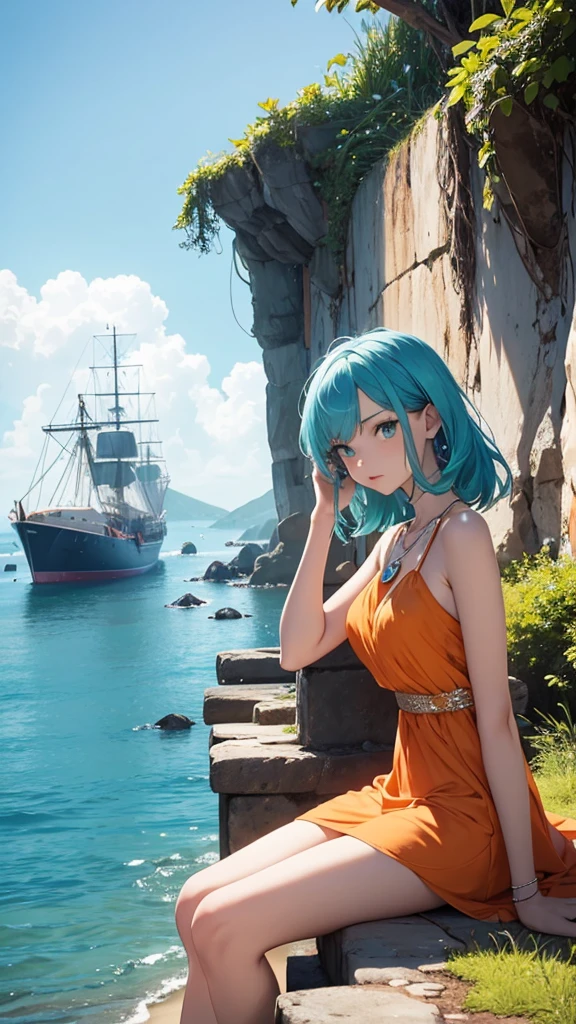 Nera、Hair Ribbon、Earrings、chest、Sash、（Highest quality、masterpiece、RAW Photos、Super detailed:1.2）、1 girl、小さなchest, Sitting, Upper Body, Turn your body forward, hot, Sweating a lot, Wipe away sweat, looking at the camera, Ocean, On the boat, Sad