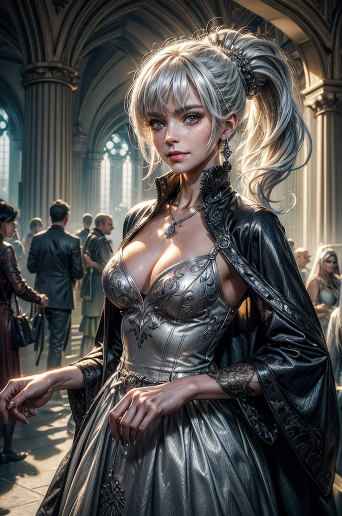 (masterpiece, best quality:1.2), cowboy shot, weissvale, smile, closed mouth,  looking at viewer, long white hair, side ponytail, scar above eye, scar below eye, silver gala dress,  jewelry, necklace, earrings, future_urban, standing outside ornate palace, elegant crowd arriving for gala,  futuristic cars, (volumetric lighting), intricate details, tonemapping, sharp focus, hyper detailed 