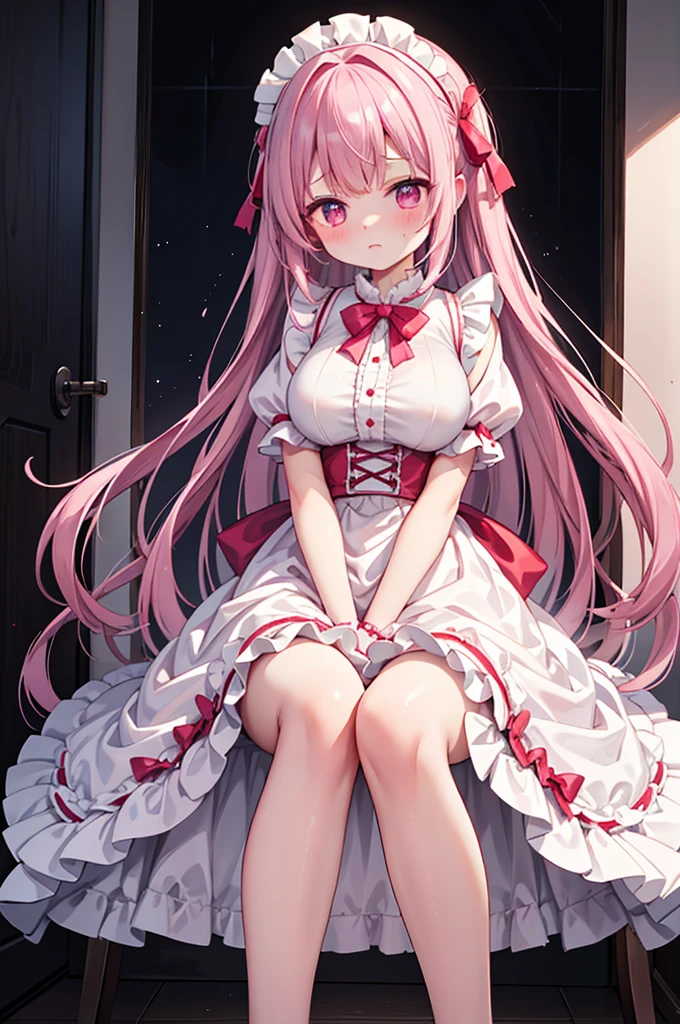 Highest quality、Shiny silk short sleeve puff sleeve pink maid outfit、See-through、Very short skirt、Big red bow、A short white ruffled apron、White garter belt with ribbon、Pink high heels with ribbon、Large headband with ribbon、Flushed Cheeks、Embarrassed look、panic、panic、Soaking wet、Great Khan、storm、Big Breasts、Stretch out on a chair、Facing forward、Looking up from below