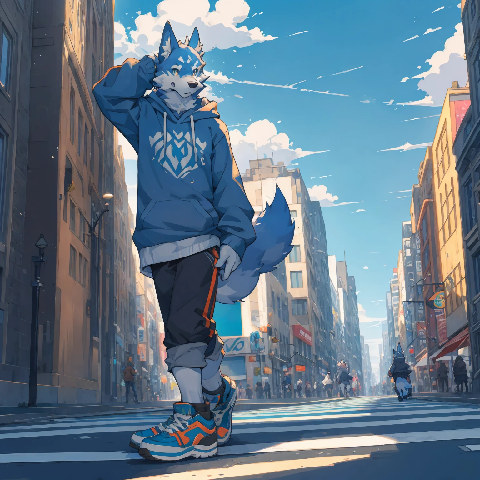 Muscular body, Dark gray fur, Standing on the street, Snack Street Background,head tilted to one side,Beautiful blue sky and white clouds,People coming and going , Wearing a gray sweatshirt, Wolf furry character