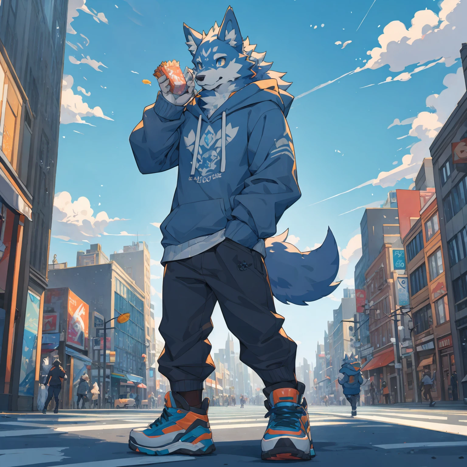 Muscular body, Dark gray fur, Standing on the street, Snack Street Background,head tilted to one side,Beautiful blue sky and white clouds，People coming and going , Wearing a gray sweatshirt, Wolf furry character