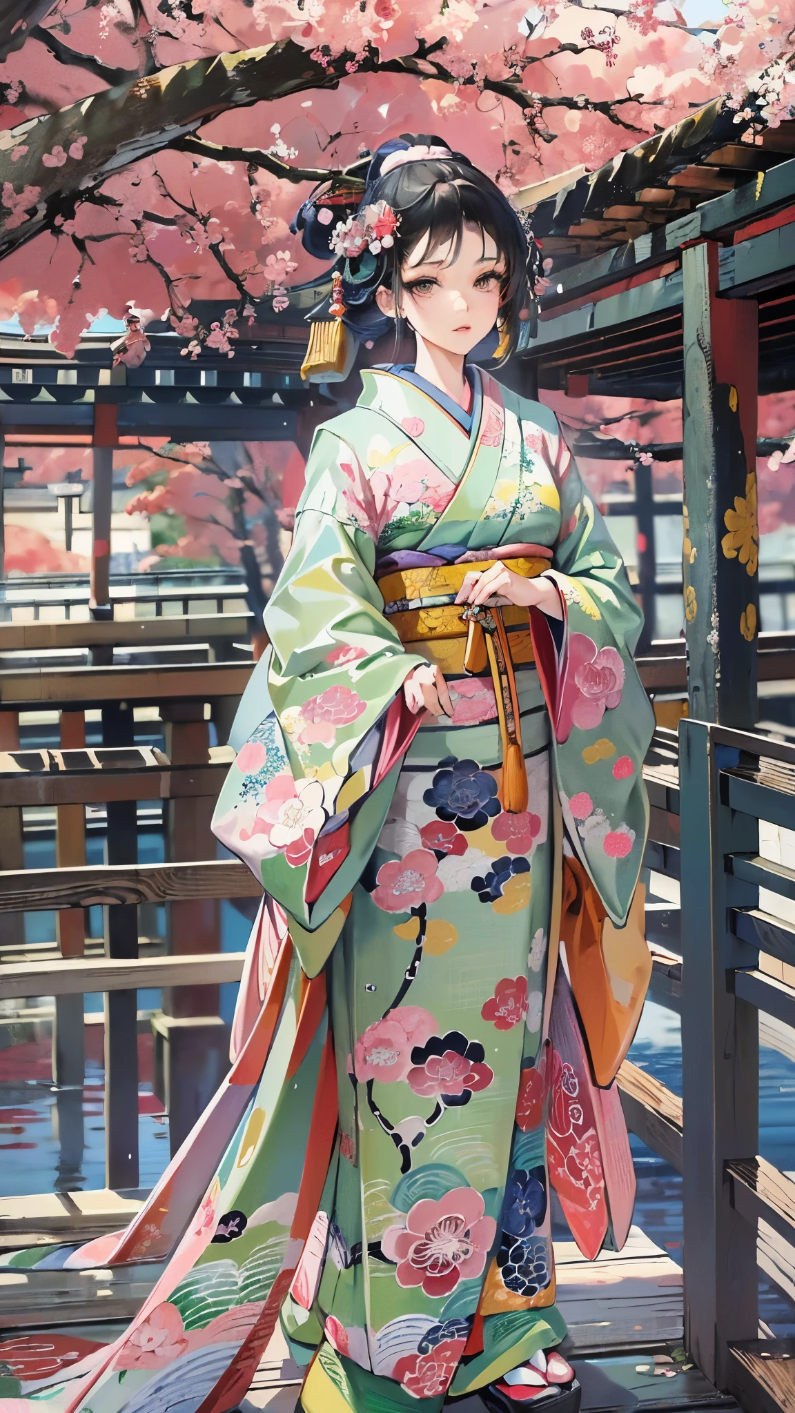 ((Highest quality)),(Ultra-high resolution),(Super detailed),(Detailed Description),((The best CG)),(masterpiece),Highly detailed art,(Art with precise detail:1.5), (Japanese painting:1.5), (A woman wearing a kimono standing on a bridge:1.5),(Japanese clothes in calm colors:1.4), A refreshing breeze blowing through:1.5
