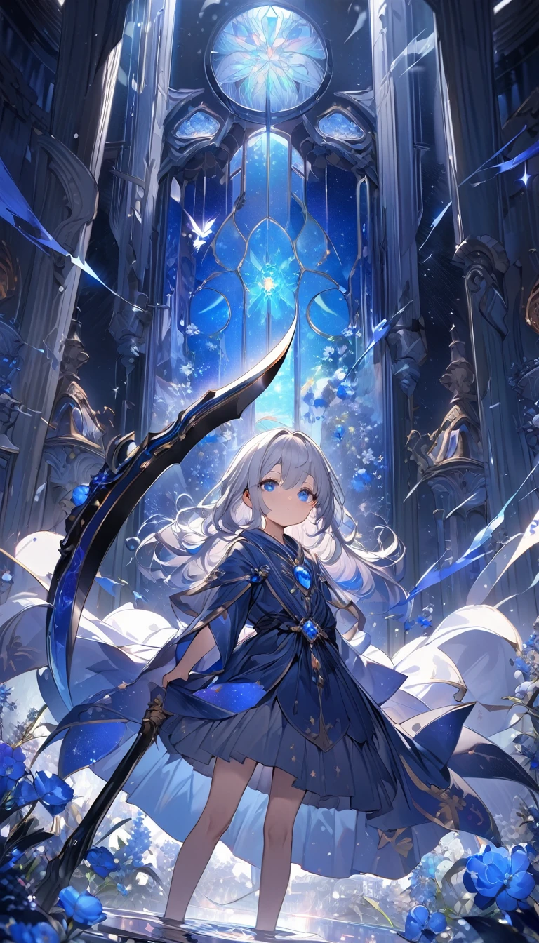 Highest quality,masterpiece,Detailed Details,Super detailed,colorful,The background is dark blue water,Transparency,Use HDR technology to create a sense of depth,beautiful,beautiful自然,Sacred atmosphere,8-year-old girl,Alone,Wearing starry wizard robes,Stand in the center of the screen,The whole body faces this way,Look diagonally forward to the left,holding a scythe,A scythe blade made from a blue gem,A scythe handle made from a black gem.,Narrow and gentle eyes,mysterious,Long silver hair decorated with blue flowers,Fantasy atmosphere,beautiful虹色の蝶々is flying in the air,Magnificent worldview