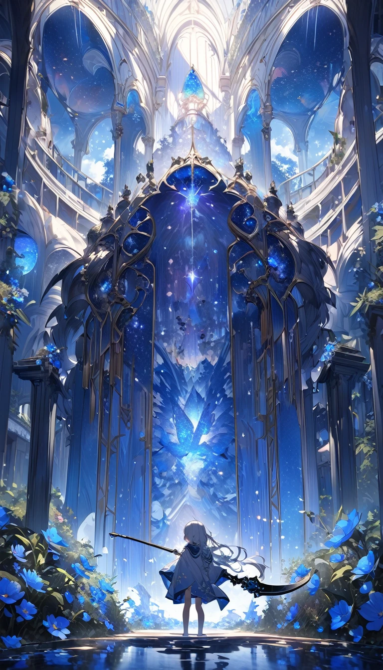 Highest quality,masterpiece,Detailed Details,Super detailed,colorful,The background is dark blue water,Transparency,Use HDR technology to create a sense of depth,beautiful,beautiful自然,Sacred atmosphere,8--old l,Alone,Wearing starry wizard robes,Stand in the center of the screen,The whole body faces this way,Look diagonally forward to the left,holding a scythe,A scythe blade made from a blue gem,A scythe handle made from a black gem.,Narrow and gentle eyes,mysterious,Long silver hair decorated with blue flowers,Fantasy atmosphere,beautiful虹色の蝶々is flying in the air,Magnificent worldview