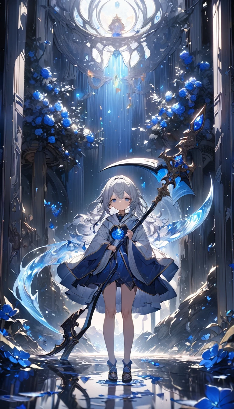 Highest quality,masterpiece,Detailed Details,Super detailed,colorful,The background is dark blue water,Transparency,Use HDR technology to create a sense of depth,beautiful,beautiful自然,Sacred atmosphere,8-year-old girl,Alone,Wearing starry wizard robes,Stand in the center of the screen,The whole body faces this way,Look diagonally forward to the left,holding a scythe,A scythe blade made from a blue gem,A scythe handle made from a black gem.,Narrow and gentle eyes,mysterious,Long silver hair decorated with blue flowers,Fantasy atmosphere,beautiful虹色の蝶々is flying in the air,Magnificent worldview
