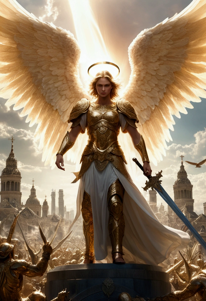 Bright angel with wings spread over a city and with a sword in the midst of a large army of demons