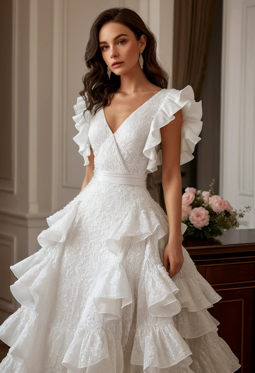 A very feminine white dress, full of elegance and beauty, with many ruffles and shine, the most beautiful and delicate dress for a beautiful woman, Attached to the body, long skirt, elegance, femininity, loveliness