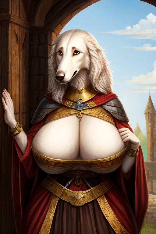 Medieval borzoi dog with very large and huge breasts