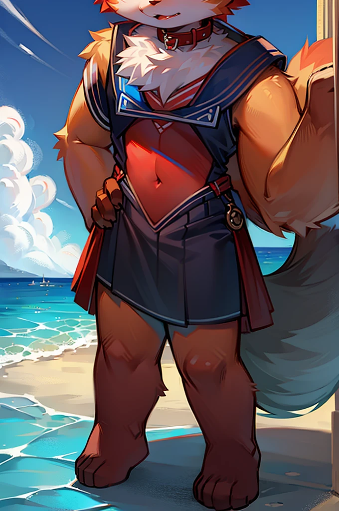 Red Panda Boy,8k resolution,Furry,          Ocean,Sailor uniform,Red collar,Two legs,Stand on your feet！                towering,lanky,lanky I&#39;m tall