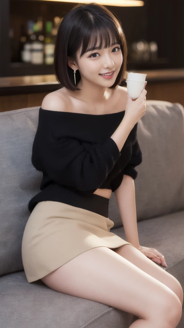 (masterpiece)、(Highest quality:1.5)、(Photorealistic:1.2)、(Surreal), (High resolution), (Realistic), (Post-processing),(Sharp focus), Sharp focus:1.2,Backlight, (Improvement of quality:1.4), (Narrow waist)、((Perfectly detailed five-fingered hands)),(Anatomically correct body)、((1 female:1.4))、Japanese、Realistic Skin、(Small chest:1.4)、Bust size is A cup、Pretty woman with perfect figure:1.4,(from the front:1.5), (Enhances the beauty of skin texture:1.1),No makeup、美しいBlack Hair、smile、Natural color lip、(Small Mouth:1.4)、The mouth is not open、Thick lips、(Oval Face)、Even bangs、Hide eyebrows with bangs、((33-year-old woman))、Bob Hair、Hair blowing in the wind, (Black Hair, Iris, Watery eyes, Shining Eyes, Bob cut hair, Small earrings,), Hair behind the ear、No makeup、(Drooping eyes)、(((One lovely woman)),((優しい大きなsmile)),(( Small breasts,Small breastsの谷間)),((((Plump Cheeks)))),very cute,(Baby Face),Raccoon face、 ((Dark interior with eye-catching neon lights、No window、Alcohol is displayed、Dark Room:1))(Photorealistic)、(Off-the-shoulder knit、Short length、Very short Burberry check mini skirt)((Neon tube background))bar counter、Sitting on the couch、Lift your legs(Erotic and seductive gravure poses))((Full Body Shot))(((I can see up to my ankles)))