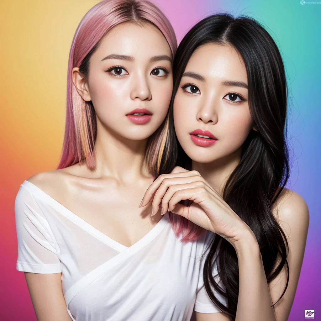 ((Highest quality, 8k, Tabletop:1.3, 2 girls, beautiful girl)), cute, dynamism, Detailed face, Detailed skin, Detailed eyes, Detailed lips, Detailed fingers, Mouth details, Detailed teeth, Detailed tongue, Round eyes, Tear bags, Realistic, RAW Photos, Natural light, Perfect Anatomy, High resolution, ((Colorful liquid on naked body:1.2)), White T-shirt, Colorful background, chest, twin color hair, Sitting