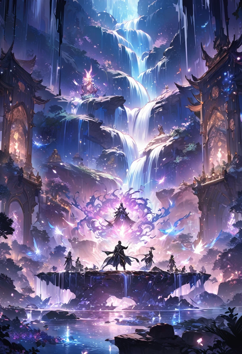Paintings that express the essence of magic, Depicts a dark-haired man with purple eyes bathed in a waterfall of magical energy., Glowing particles fly around him, Short hair, masterpiece, Highest quality, Super detailed, figure, Concept art 8k resolution, Fantasy, Magnificent art, Concept Art Wallpaper 4K, Dark color, Natural light