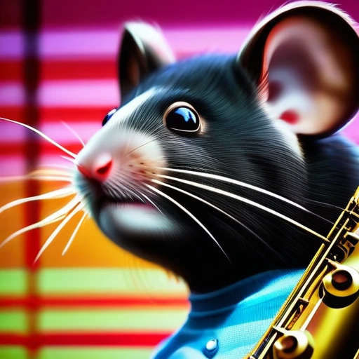 low angle, The photo shows a cute capybara wearing black sunglasses and playing the saxophone on a stage. psychedelic ocean background, the head is raised. The overall impression is humorous and adventurous. The intricate details of the mouse's fur, whiskers and claws are meticulously reproduced and make it appear lifelike.