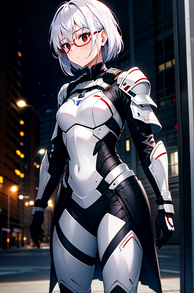 Masterpiece, solo, female, 1girl, 4k, standing, outdoor, white hair, white glasses, short, futuristic black soldier armor, cowboy shot's, Bokeh,red eyes, female soldier, bulletproof soldier armor, flat breast, flat chest, mature women