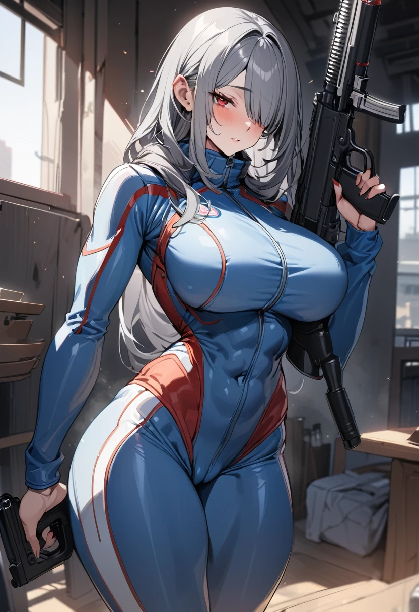 Best Quality, 8k, High resolution, high quality, masterpiece, Beautiful, (Anatomically correct:1.2), A beautiful woman, 20th Generation, Silky gray hair, Straight Long, long bangs that hide one eye, Red eyes, Beautiful Skin, Tall and toned body, pointy big breasts, Rider Suit, Scarf, carry a gun on one's back, night, skyscraper, evil grin, (looking up), upper body,