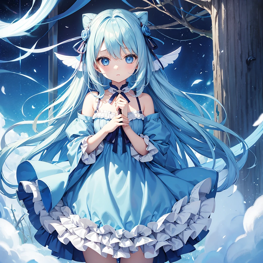 Girl with long light blue hair、Patchwork dress、Small and cute girl、Holding a trunk bigger than his body、Deep blue eyes、Full-body portrait、Staring at me with cold eyes