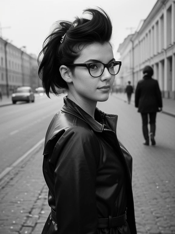 ((Monochrome Photography)), (black and white image), masterpiece, photo paper effect, Film grain, (((raw monochrome photo of a Soviet student in the style of the 80s))), filmed "Svema" SLR camera "Zenit-3", Humanity, charming chubby Russian informal student 18 years old with aesthetic soft small natural breasts with beautiful soft pink nipples, round face, round cheeks, round chin, beautiful proportional small wide nose, Realistic expressive dark brown eyes, long eyelashes, Sarcastic Look, glasses with lenses, plump sensual lips, ironic one-sided half-smile, ear piercing, very tousled dark brown tousled short hair, short, tousled, disheveled hair combed into a mohawk(rebellious 80s punk hairstyle), black long canvas raincoat on a naked body(embarrassed to show charming small breasts and hairy pubes on the street, risky inept exhibitionism), Slight embarrassment, enjoyment of rebellious behavior, (Soviet clothing style of informals of the 80s)(I don't wear a bra because it's hot, I don't wear panties because it's hot, Portrait-Medium shot, Outdoors, Free standing pose, sunny day, natural natural light, realistic human skin textures, Realistic clothing textures, realistic glasses with distorting lenses, reflections of sunlight on glasses lenses, A great backstory(Leningrad 1985),