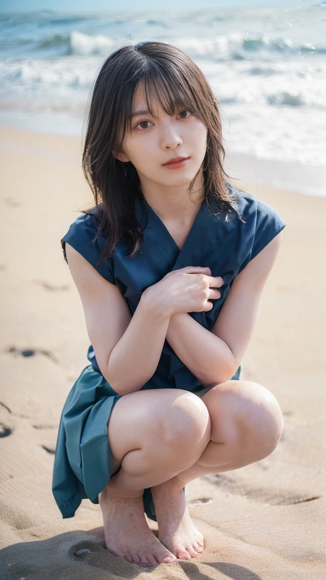 (((Top-down configuration:1.33)))、((No underwear:1.55))、One Girl、Beautiful and detailed eyes and face、barefoot、20 year old cute Japan woman, ((Extremely precise and accurate anatomy:1.0)), (photo Realistic:1.4), (hyper Realistic:1.4), (最高品質のRealisticな肌の質感:1.4), (Improvement of quality:1.4), (Enhances the beauty of skin texture:1.1), Clean and glowing skin, mesh, thin:1.2, (Realistic:1.3), Realisticなライティング, (Smoother lighting:1.05), (Improving the quality of cinema lighting:0.9), Backlight, A gentle light on your face, Ray Tracing, (Bright light:1.2), 32K, One Japanese woman, fine grain, Detailed face, (Film Grain:1.1),(Accentuates body lines:1.1), High resolution, Natural look, Kind eyes, Improves hair quality, Delicate light and shadow, Transparent muscles, Graceful pose, Beautiful Eyes, Sharp details, Soft light reflection, Beautiful contours, Delicate skin tone, Fine hair texture, Natural background, (((sunny day、Beach、A strong wind is blowing、Her hair and skirt are flying、Squat, Traditional navy blue sailor uniform、Open shirt、Pleated skirt、Scooping seawater with hands:1.25、splash、Sandy Beach、Light of the sun、clear blue sea、The waves crash quietly、Blue sky and white clouds、Green Mountain々、Beautiful Nature、The joys of youth)))、