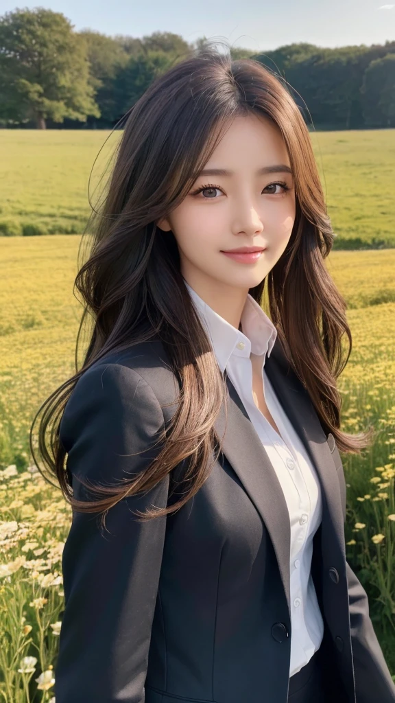 highest quality、genuine、Super detailed、finely、High resolution、8k wallpaper、one beautiful woman、、、light brown disheveled hair、wearing a business suit、sharp focus、perfect dynamic composition、beautiful and detailed eyes、thin hair、Detailed genuine skin texture、smile、model body shape、In a windswept meadow