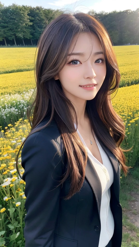highest quality、genuine、Super detailed、finely、High resolution、8k wallpaper、one beautiful woman、、、light brown disheveled hair、wearing a business suit、sharp focus、perfect dynamic composition、beautiful and detailed eyes、thin hair、Detailed genuine skin texture、smile、model body shape、In a windswept meadow