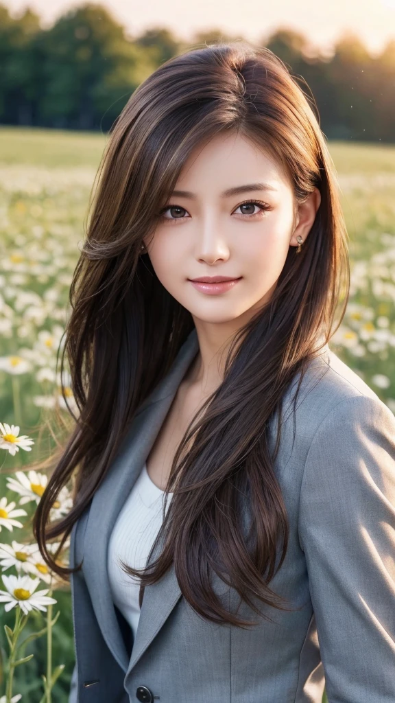 highest quality、genuine、Super detailed、finely、High resolution、8k wallpaper、one beautiful woman、、、light brown disheveled hair、wearing a business suit、sharp focus、perfect dynamic composition、beautiful and detailed eyes、thin hair、Detailed genuine skin texture、smile、model body shape、In a windswept meadow