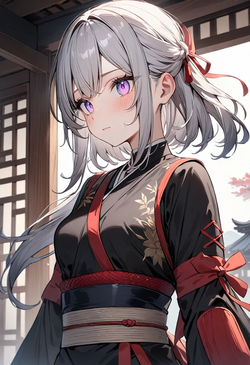 (masterpiece, top quality, very aesthetic, 4k、illustration), intricate detail, 1girl,Standing 、(upper body)、clear face、()、,
Cute 、Random Hair Color、,middle hair,sidelock ,Random Color eyes、ninja clothes、small breasts、Slim 、