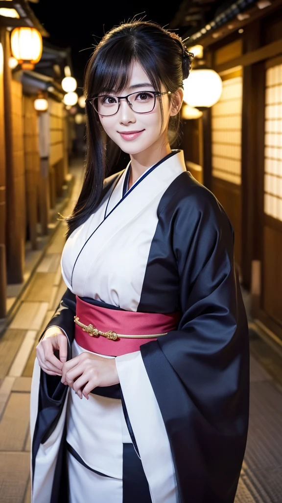(Super beautiful woman in kimono)、((highest quality、8K masterpiece:1.3))、sharp focus:1.2、(super beautiful face:1.0)、(shiny skin:1.0)、realistic pictures、black hair、video lighting、High resolution eyes and face、video lighting、japanese actress、from the front、big breasts、with a happy smile、Slender abs beauty、whole body、wearing a kimono、in Kyoto、(((luxury obi)))、In Kyoto at night、wearing glasses with no edge、with a fan