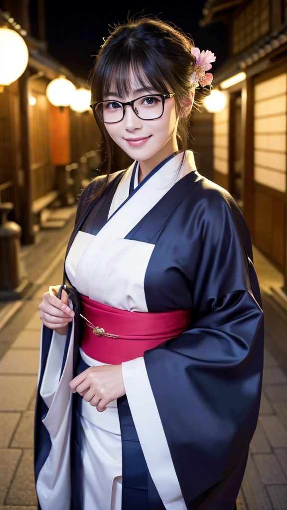 (Super beautiful woman in kimono)、((highest quality、8K masterpiece:1.3))、sharp focus:1.2、(super beautiful face:1.0)、(shiny skin:1.0)、realistic pictures、black hair、video lighting、High resolution eyes and face、video lighting、japanese actress、from the front、big breasts、with a happy smile、Slender abs beauty、whole body、wearing a kimono、in Kyoto、(((luxury obi)))、In Kyoto at night、wearing glasses with no edge、with a fan