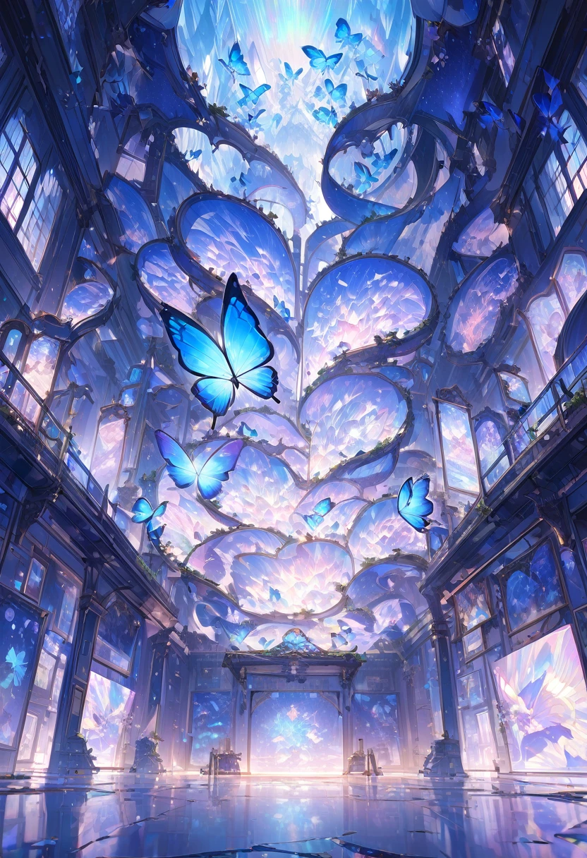 Highest quality, Super Fine, 16K, Incredibly absurd, Very detailed, delicate, Flashy and dynamic depiction, A room covered in wavy pure white plaster, Bright blue butterfly projected via hologram, Flight scales are also reproduced, Iridescent, artwork