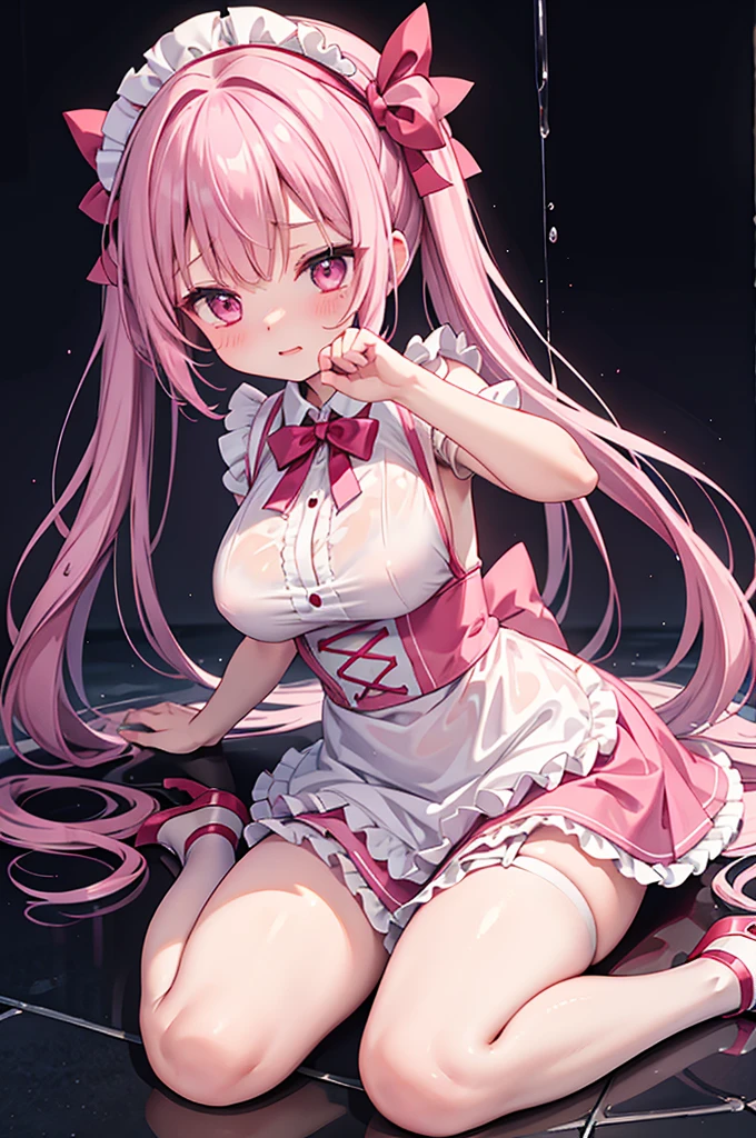 Highest quality、Shiny silk short sleeve puff sleeve pink maid outfit、See-through、Very short skirt、Big red bow、A short white ruffled apron、White garter belt with ribbon、Pink high heels with ribbon、Large headband with ribbon、Flushed Cheeks、Embarrassed look、panic、panic、Soaking wet、Great Khan、storm、Big Breasts、Stretch out on a chair、Facing forward、Looking up from below