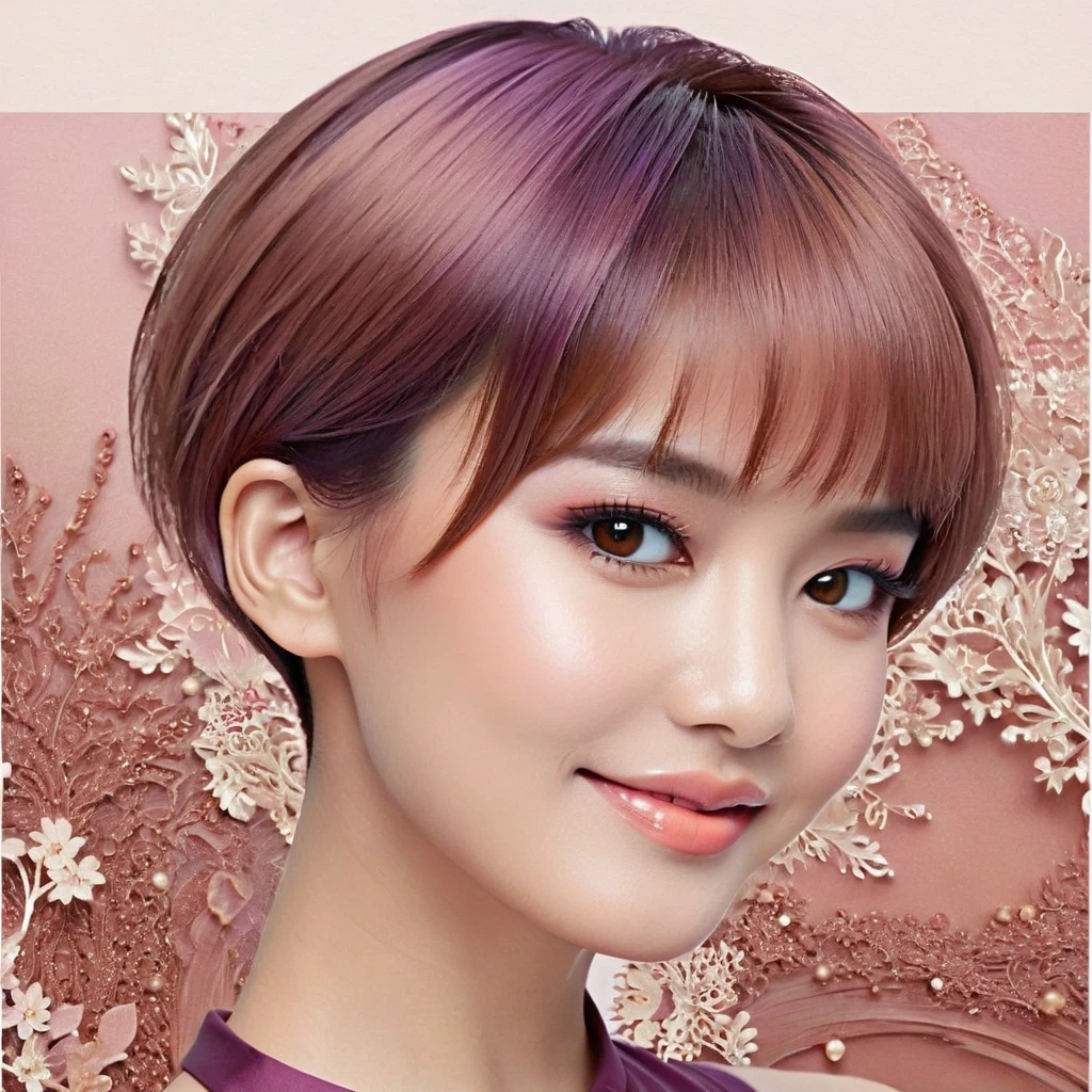  masterpiece, realistic, highly detailed, beautiful, a cute young indonesian woman, sleek straight hair, short bowcut haircut with undercut, purpled salmon haircolor, light makeup, brown eyes. detailed on the face and eye.  elegant pose. charming and calming look. smiling slightly. blurred intricate abstract background.