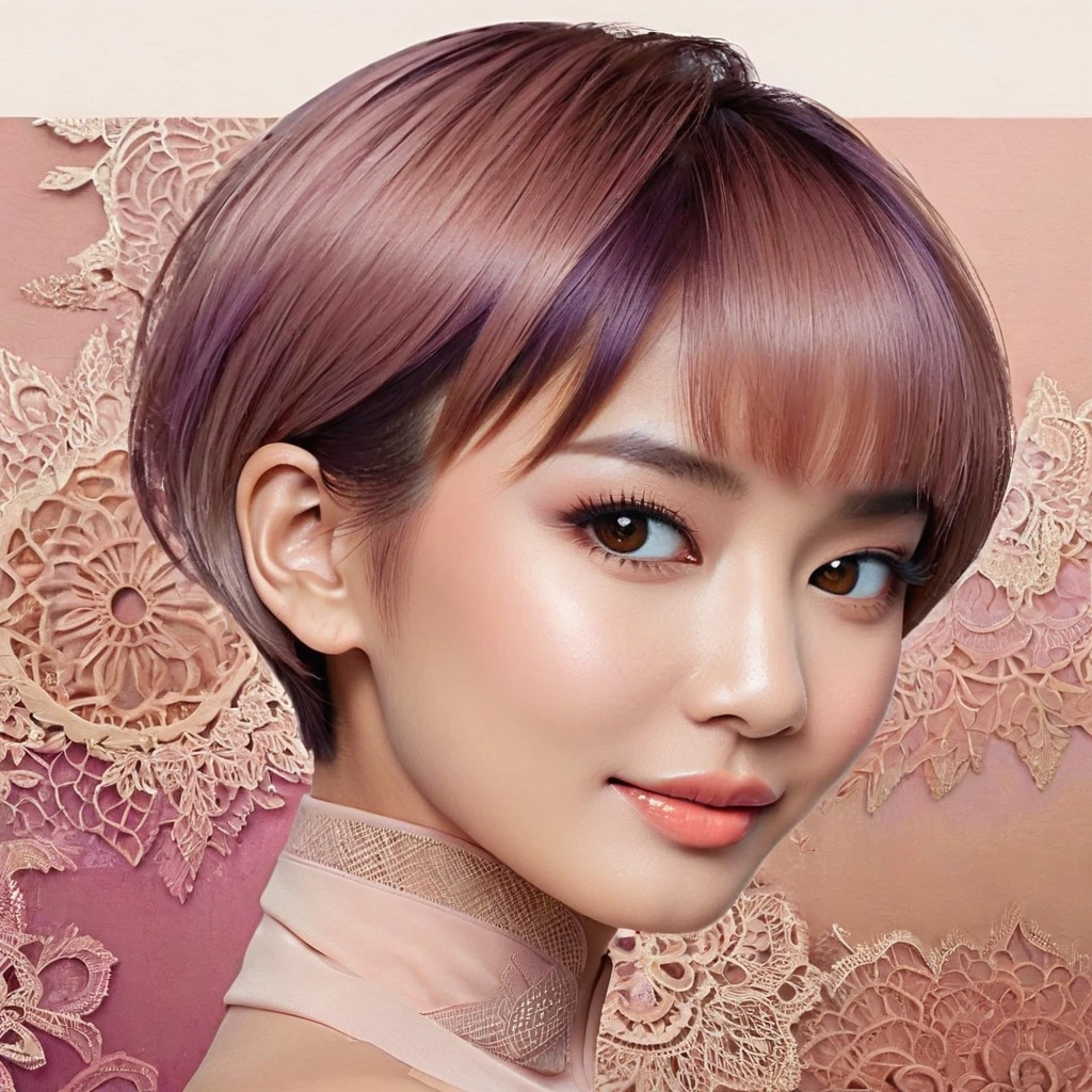 masterpiece, realistic, highly detailed, beautiful, a cute young indonesian woman, sleek straight hair, short bowcut haircut with undercut, purpled salmon haircolor, light makeup, brown eyes. detailed on the face and eye. elegant pose. charming and calming look. smiling slightly. blurred intricate abstract background.