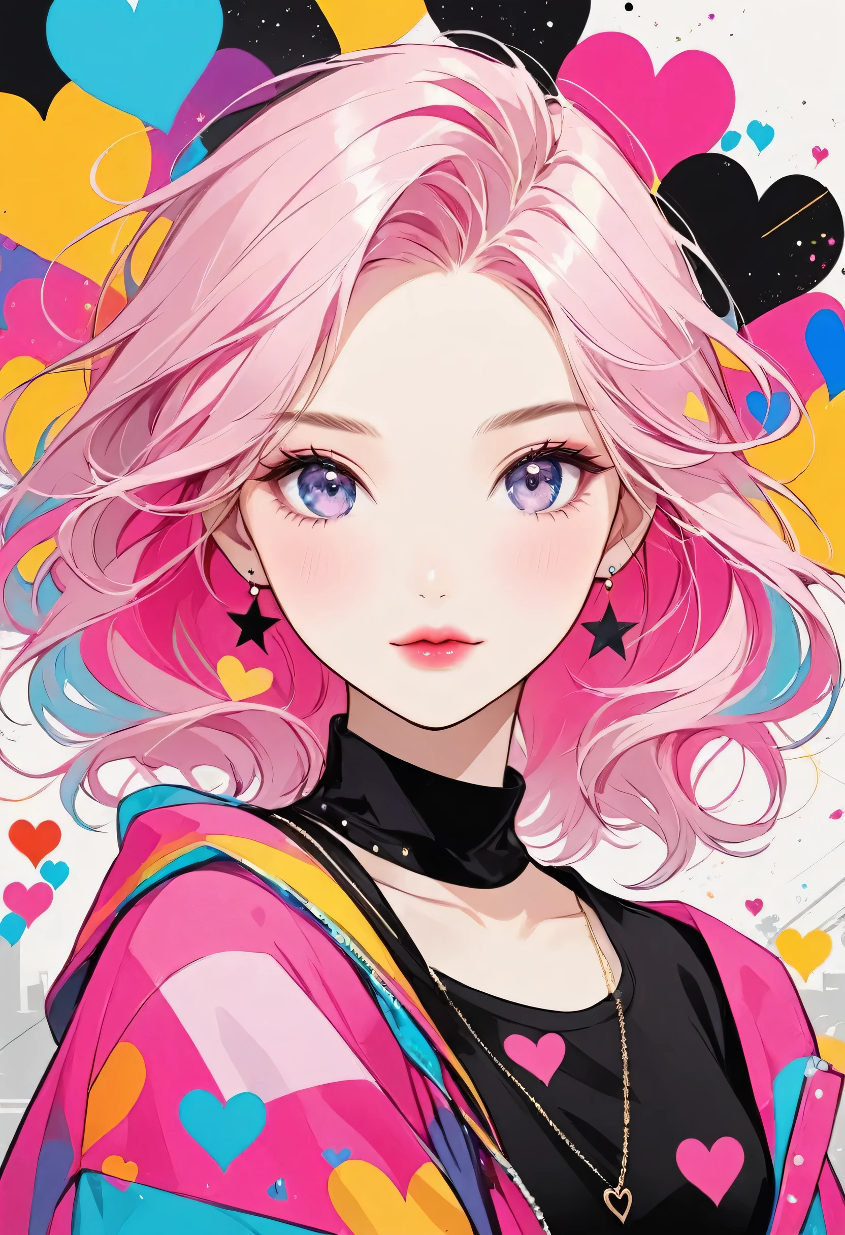 Black Star Pink and White style, Simple Line Initialism,Abstract art,Urban Background, (((The most beautiful girl of all time))), Sweet face. Lips in love, colorful hearts, stylish design