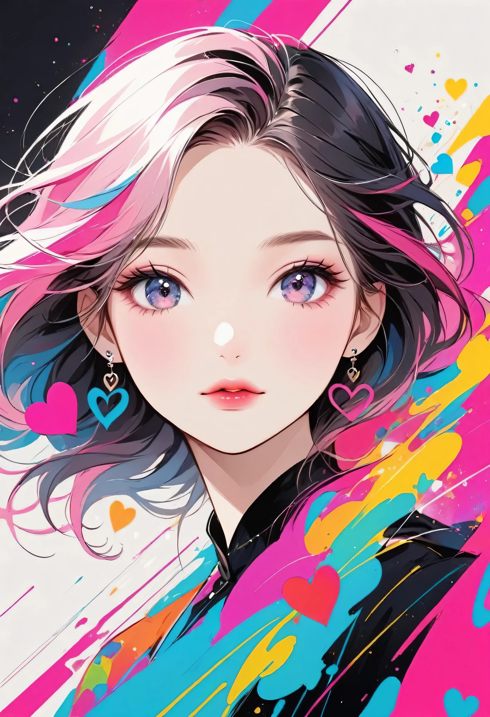 Black Star Pink and White style, Simple Line Initialism,Abstract art,Urban Background, (((The most beautiful girl of all time))), Sweet face. Lips in love, colorful hearts, stylish design