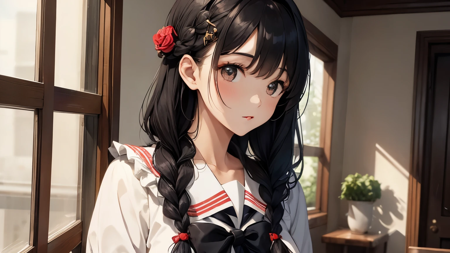 A beautiful woman wearing a brown sailor suit with lots of frills and lace Long sleeve Black hair braid with hair ornament Upper Body lipstick
